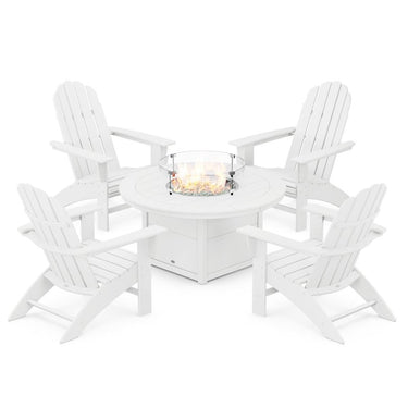 POLYWOOD Vineyard 5-Piece Curveback Adirondack Conversation Set w/ Fire Pit Table - White